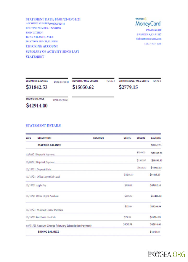 Modèle Word et PDF de relevé USA WALMART MONEY CARD, version 2